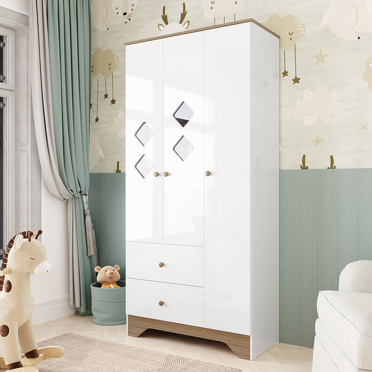 Guarda Roupa Infantil 3 Portas Com Janelas Losango E 2 Gavetas 100% Mdf Cocada Yescasa Branco Brilho/carvalho
