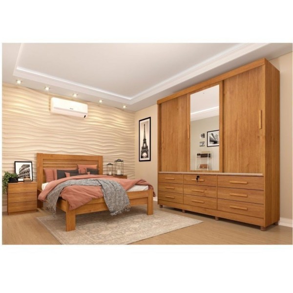 Encontraproduto.com.br - Quarto Completo Roupeiro 3 Portas, Cama Casal E Mesa De Cabeceira Chicago Tcil Móveis Cinamomo/Cinamomo