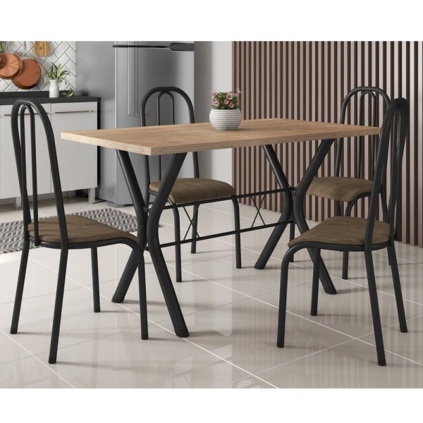 Conjunto Mesa De Jantar 136Cm Miami Com 4 Cadeiras Madri Preto Fosco/Amadeirado