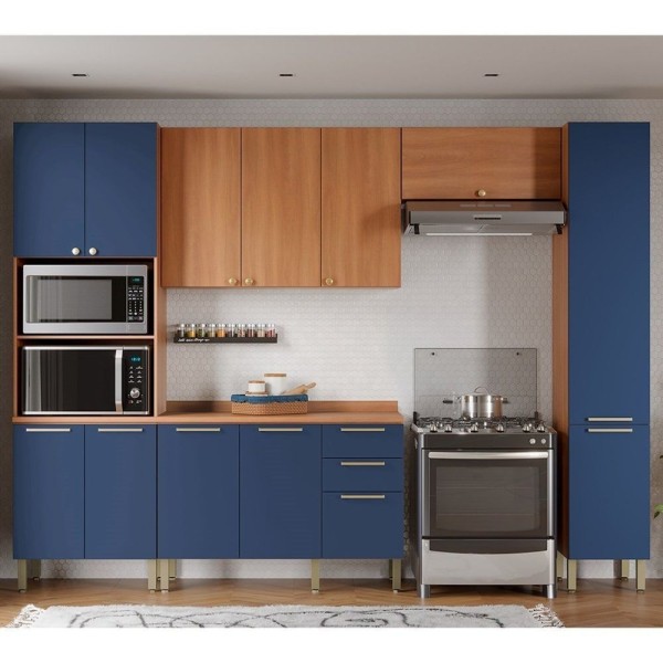 Encontraproduto.com.br - Cozinha Completa Thela Sálvia Com Armário E Torre Quente Freijó/azul