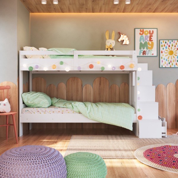 Encontraproduto.com.br - Beliche Infantil com Escada Nichos e Gavetas Branco