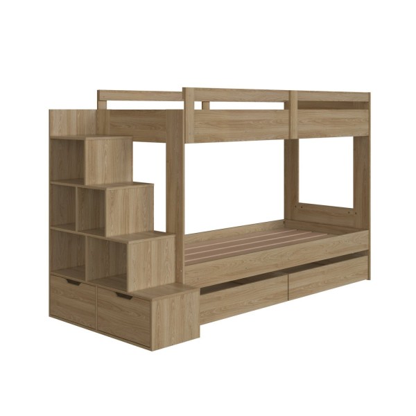 Encontraproduto.com.br - Beliche Infantil com Escada Nichos Gavetas Laterais e Gavetões Inferiores Aveiro Oak
