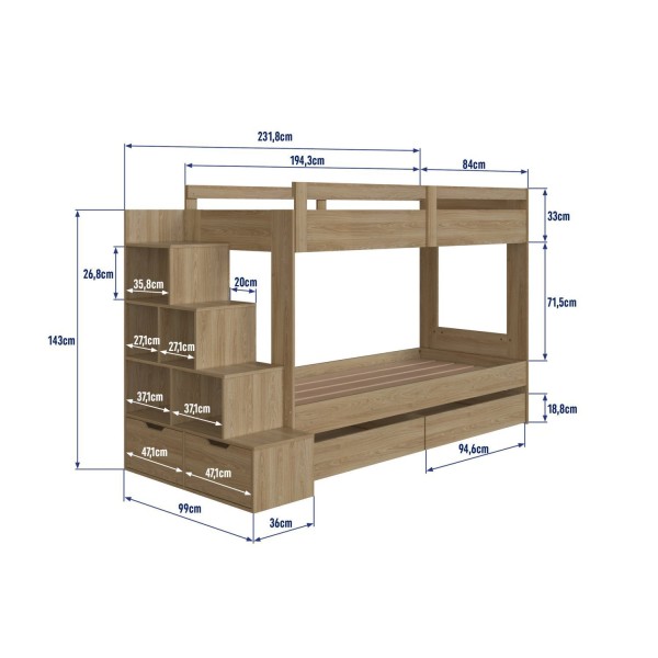 Encontraproduto.com.br - Beliche Infantil com Escada Nichos Gavetas Laterais e Gavetões Inferiores Aveiro Oak