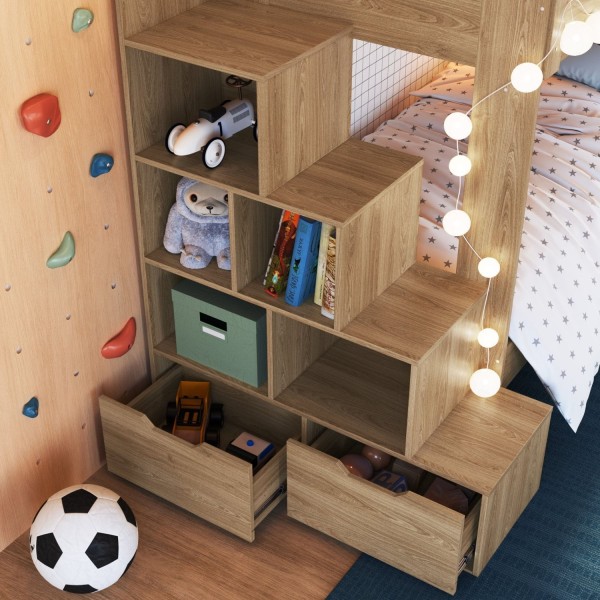 Encontraproduto.com.br - Beliche Infantil com Escada Nichos Gavetas Laterais e Gavetões Inferiores Aveiro Oak