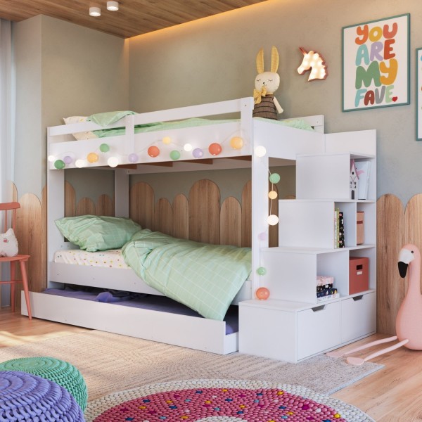 Encontraproduto.com.br - Treliche Infantil Com Escada Nichos Gavetas Laterais E Cama Auxiliar Branco