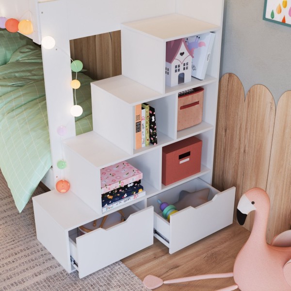 Encontraproduto.com.br - Treliche Infantil Com Escada Nichos Gavetas Laterais E Cama Auxiliar Branco