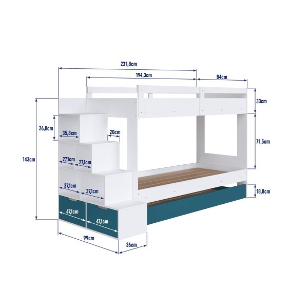 Encontraproduto.com.br - Treliche Infantil Com Cama Auxiliar Escada Nichos E Gavetas Laterais Branco/azul Secreto
