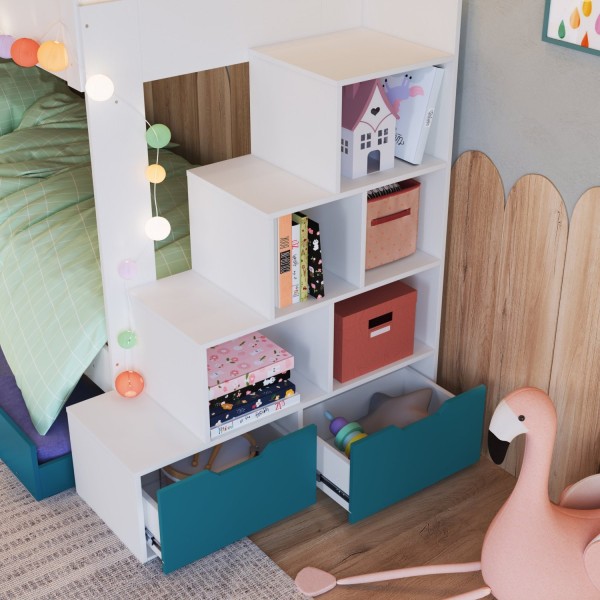 Encontraproduto.com.br - Treliche Infantil Com Cama Auxiliar Escada Nichos E Gavetas Laterais Branco/azul Secreto