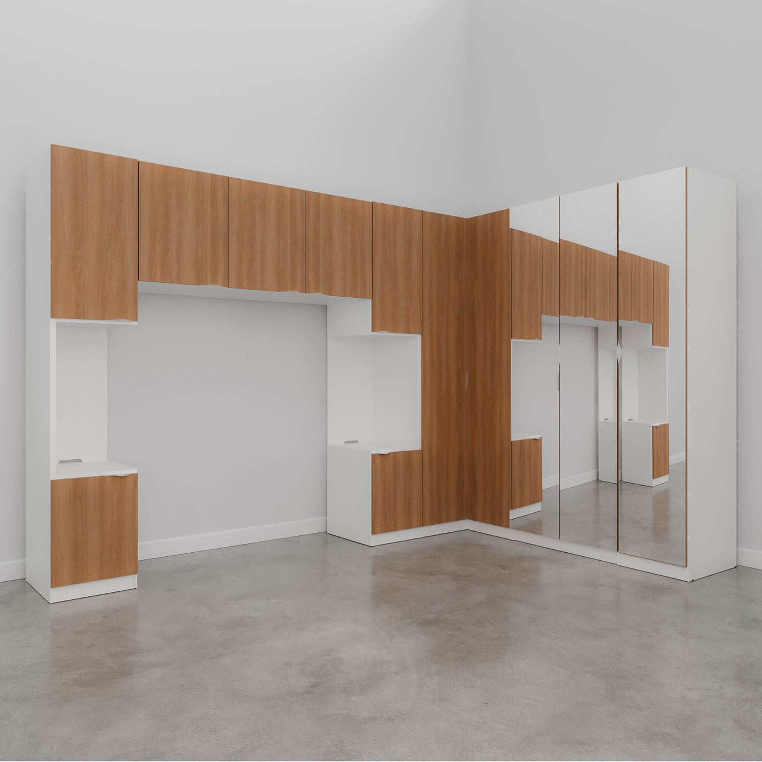 Encontraproduto.com.br - Guarda Roupa Modular de Canto Hera 6 Peças com Espelho e 2 Mesas de Cabeceira CabeCasa MadeiraMadeira Branco Geada/Louro
