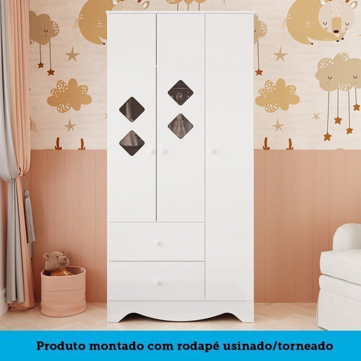 Encontraproduto.com.br - Quarto Infantil Com Guarda Roupa E Cômoda Com Janelas Losango Cocada Yescasa Branco Brilho