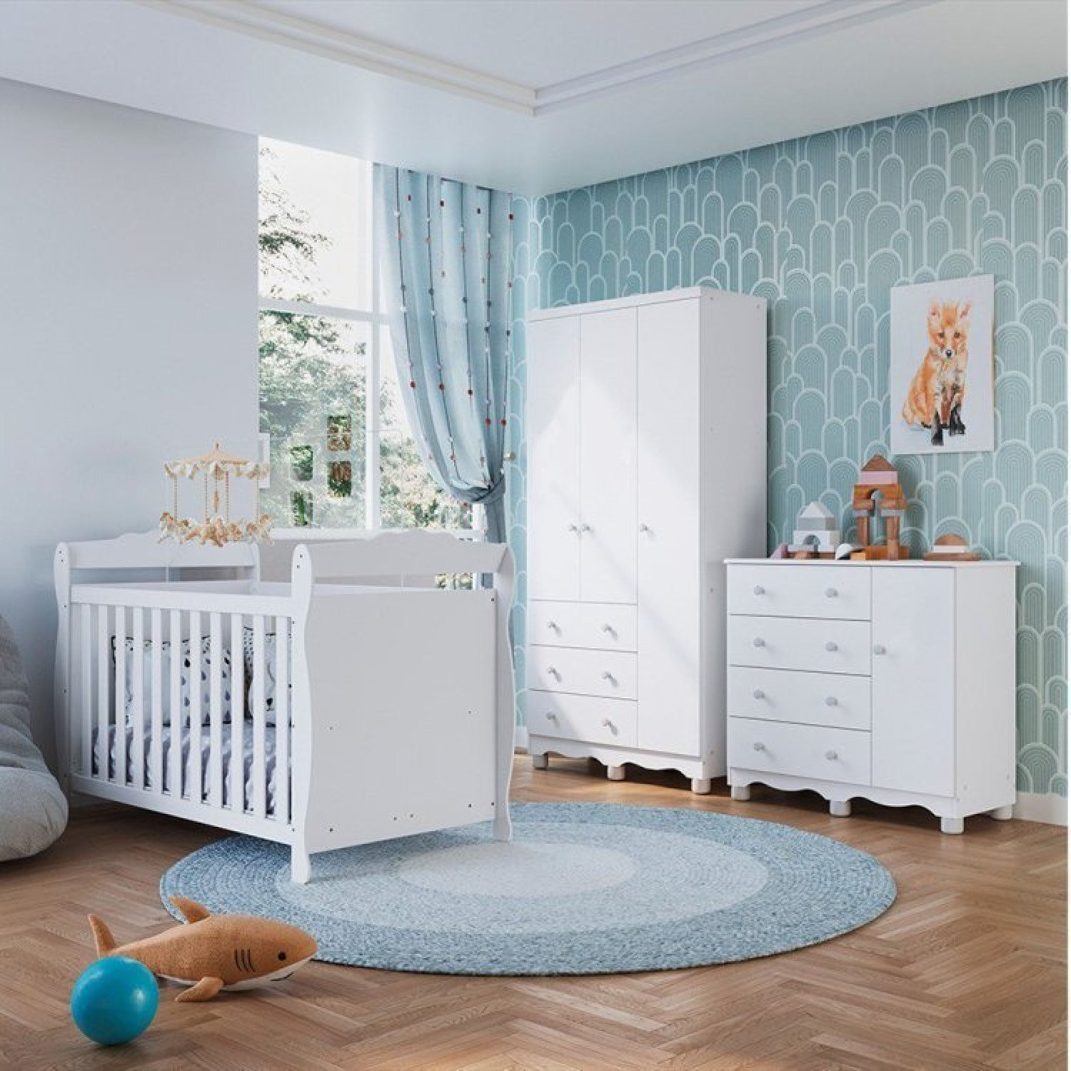 Quarto de Bebê com Guarda Roupa 3 Portas Cômoda 1 Porta e Berço Americano Nina Espresso Móveis Branco Brilho