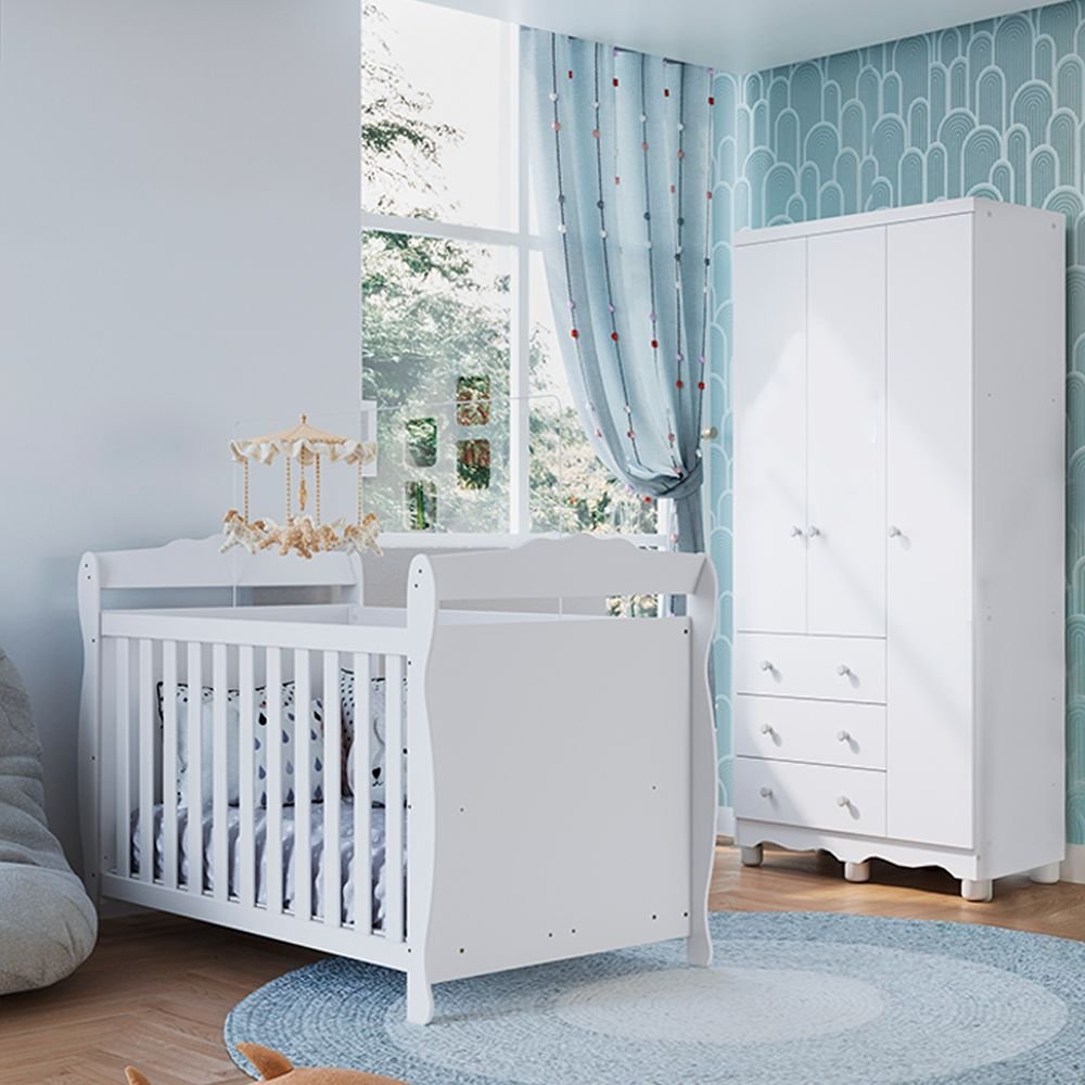 Quarto de Bebê com Guarda Roupa 3 Portas e Berço Americano Nina Espresso Móveis Branco Brilho