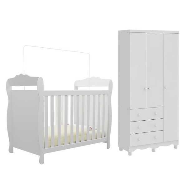 Encontraproduto.com.br - Quarto de Bebê com Guarda Roupa 3 Portas e Berço Americano Nina Espresso Móveis Branco Brilho