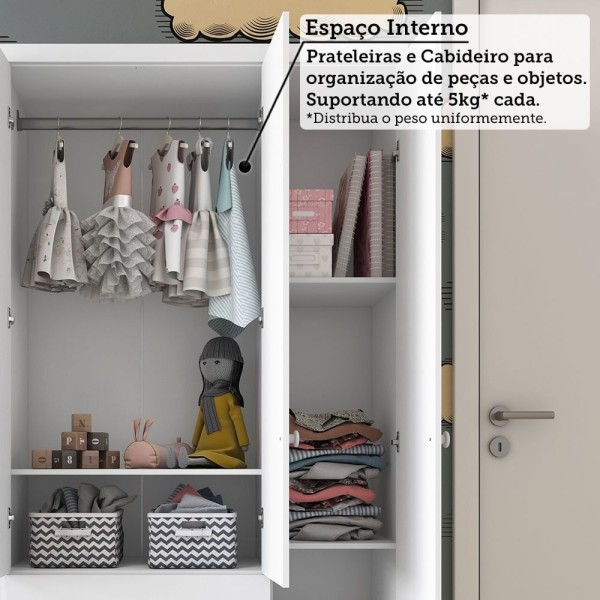 Encontraproduto.com.br - Quarto de Bebê com Guarda Roupa 3 Portas e Berço Americano Nina Espresso Móveis Branco Brilho