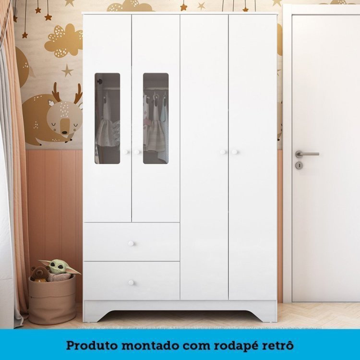 Encontraproduto.com.br - Quarto de Bebê Berço Americano e Guarda Roupa com Janelas Retângulo Kakau Retrô Espresso Móveis Branco Brilho