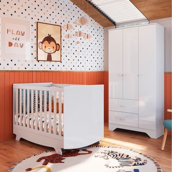Quarto de Bebê com Guarda Roupa 3 Portas e Berço Americano Kakau Retrô Espresso Móveis Branco Brilho
