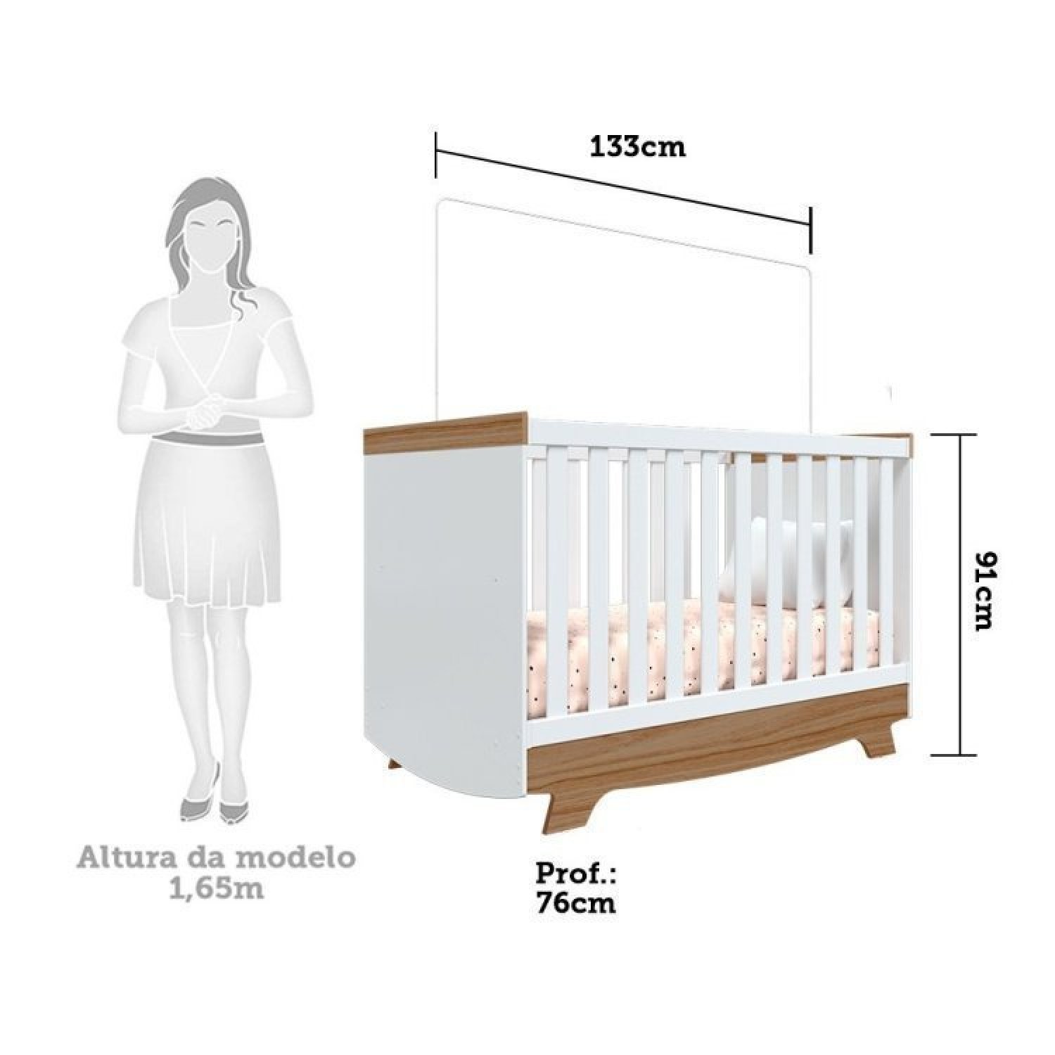 Encontraproduto.com.br - Quarto de Bebê com Berço Americano e Cômoda 1 Porta Cocada Branco Brilho/Carvalho
