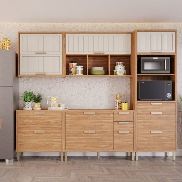 Encontraproduto.com.br - Cozinha Modulada 5 Peças 2 Nichos Para Forno Ou Micro-ondas Helen Yescasa Freijó-off White