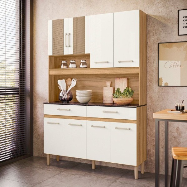 Cozinha Compacta 8 Portas 2 Gavetas Bari Freijó/Off White Cristal