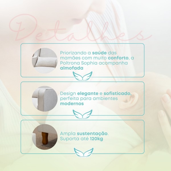 Encontraproduto.com.br - Poltrona De Amamentação Fixa Sophia Com Puff Reto E 1 Almofada Bouclé Bege