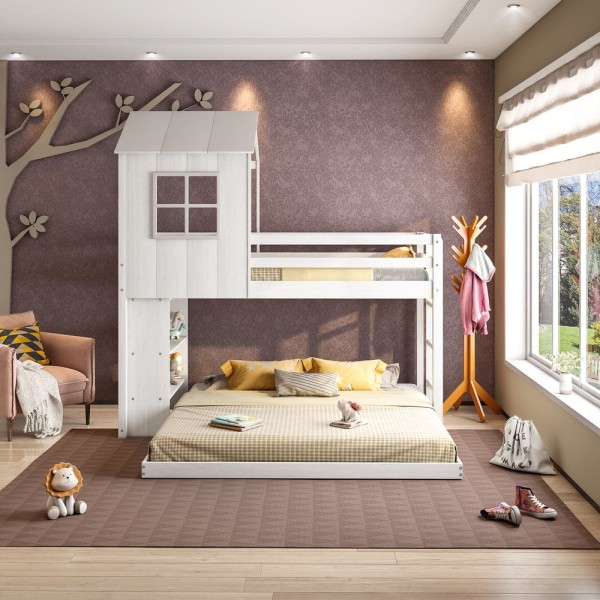 Encontraproduto.com.br - Beliche Queen Montessoriano Cabana Family Com Estante Branco/Off White