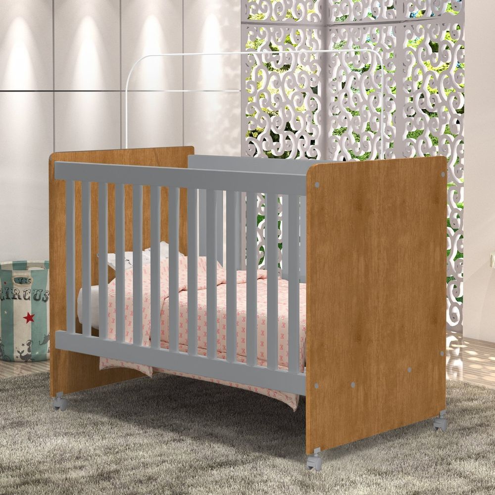 Berço 100% Mdf Com Rodízios Catatau Cinza/nature