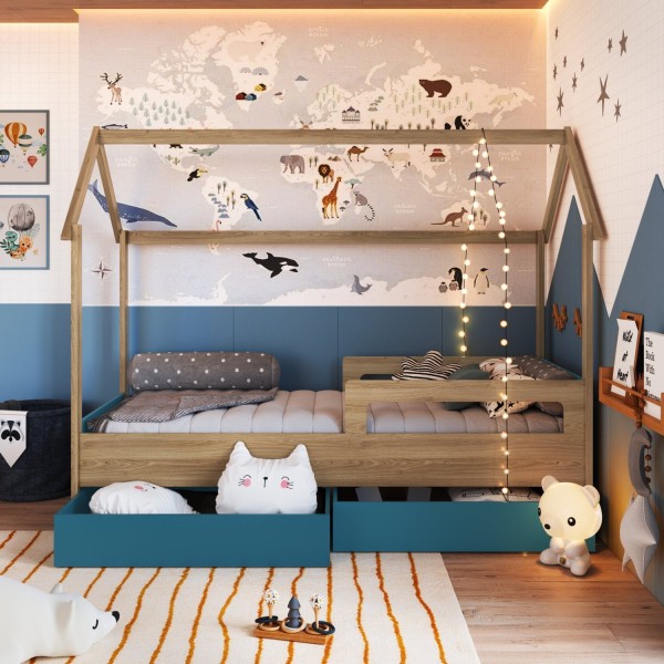 Encontraproduto.com.br - Cama Infantil Montessoriana com Gavetões Inferiores Aveiro Oak/Azul Secreto