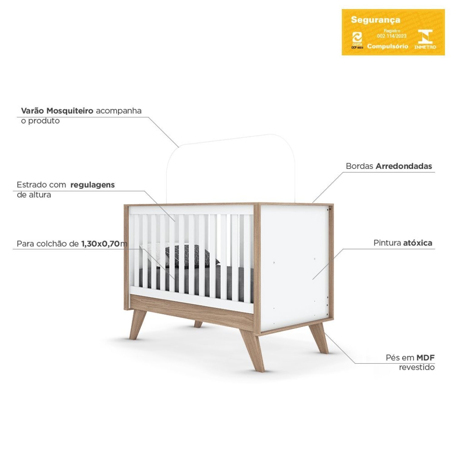 Encontraproduto.com.br - Quarto de Bebê Completo Berço 3 em 1 com Guarda Roupa 4 Portas e Cômoda Retrô Theo Espresso Móveis Branco/Jequitibá HP