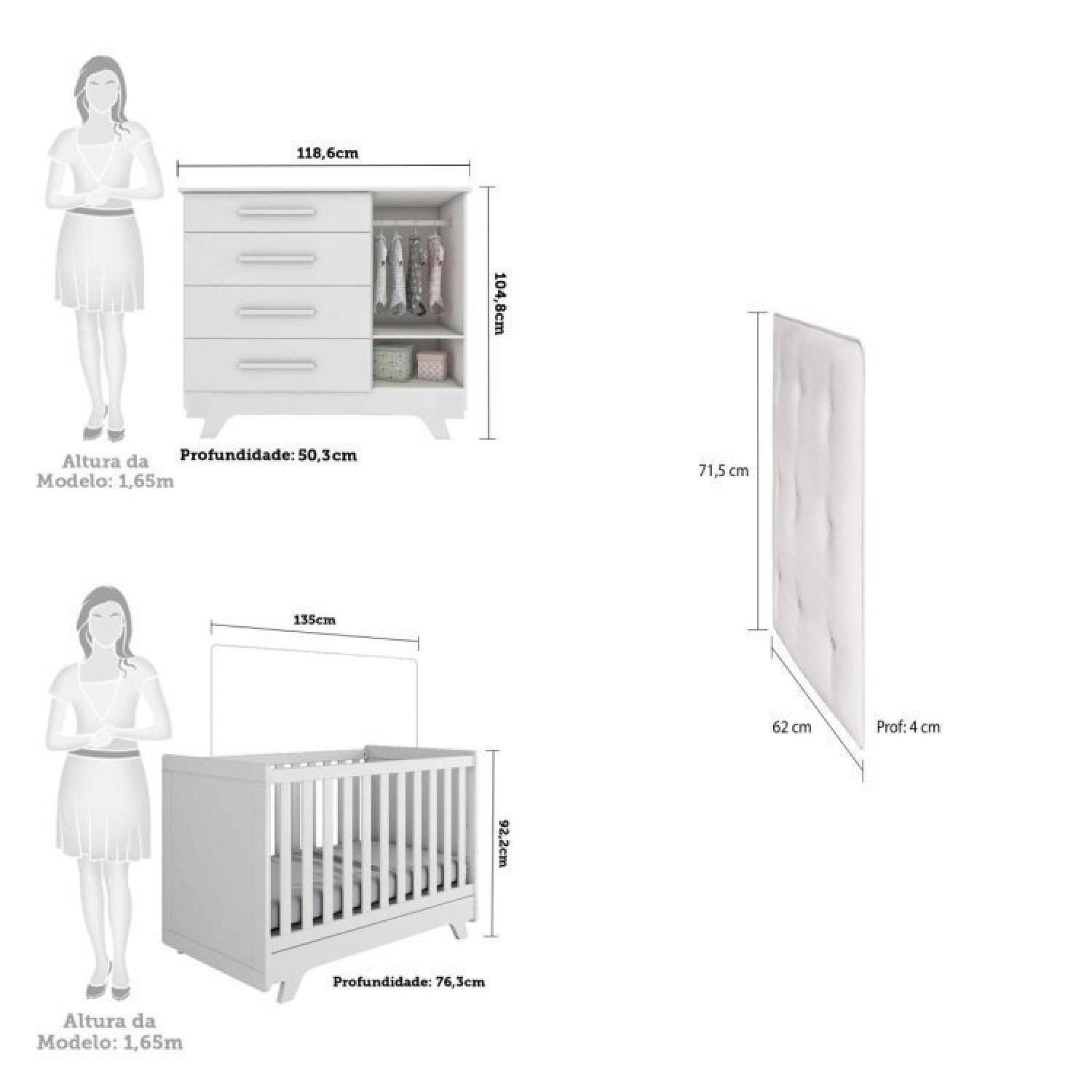 Encontraproduto.com.br - Conjunto Para Quarto De Bebê Cômoda 1 Porta Com Janela E Berço Com Capitone Retrô Jolie Branco Brilho