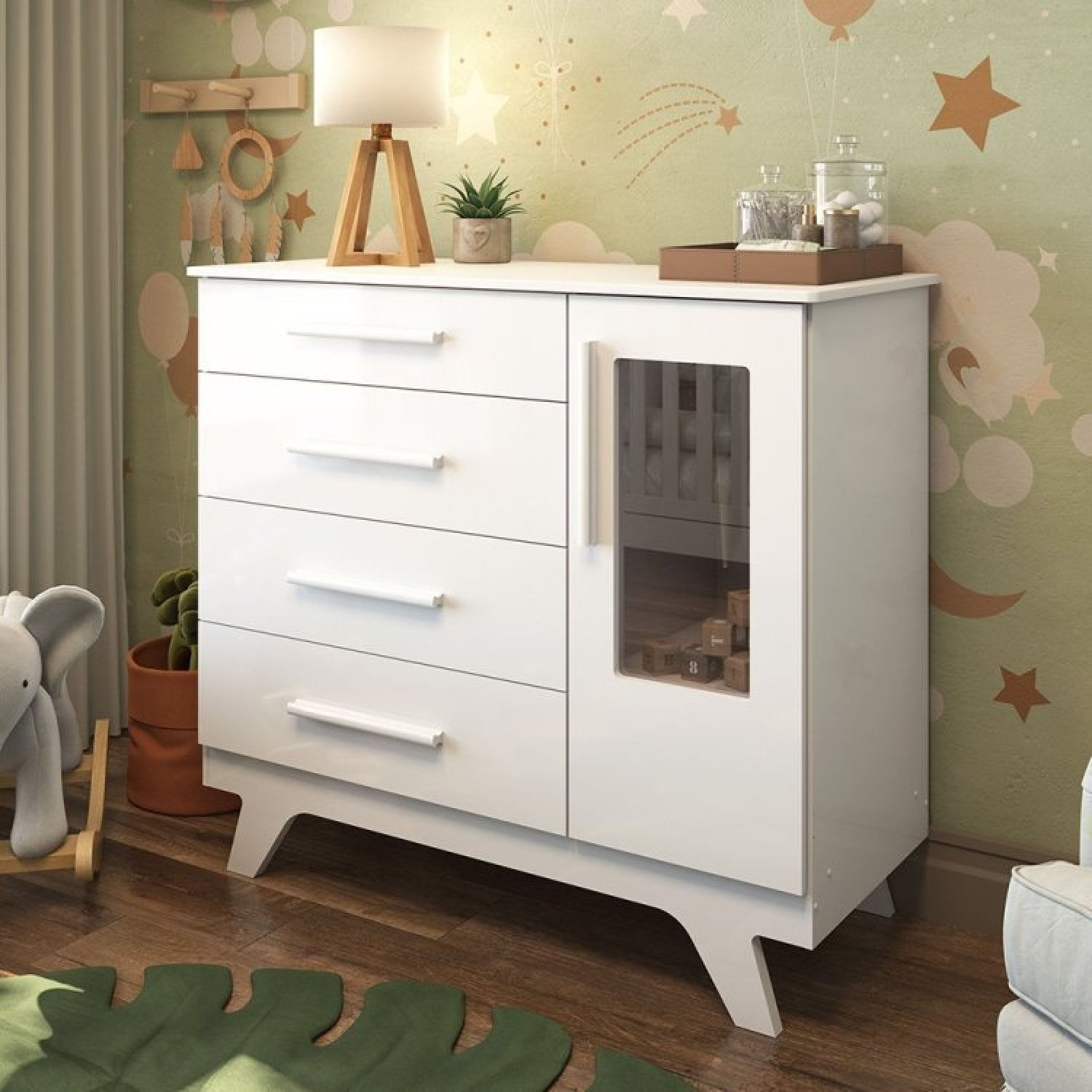 Encontraproduto.com.br - Conjunto Para Quarto De Bebê Cômoda 1 Porta Com Janela E Berço Com Capitone Retrô Jolie Branco Brilho