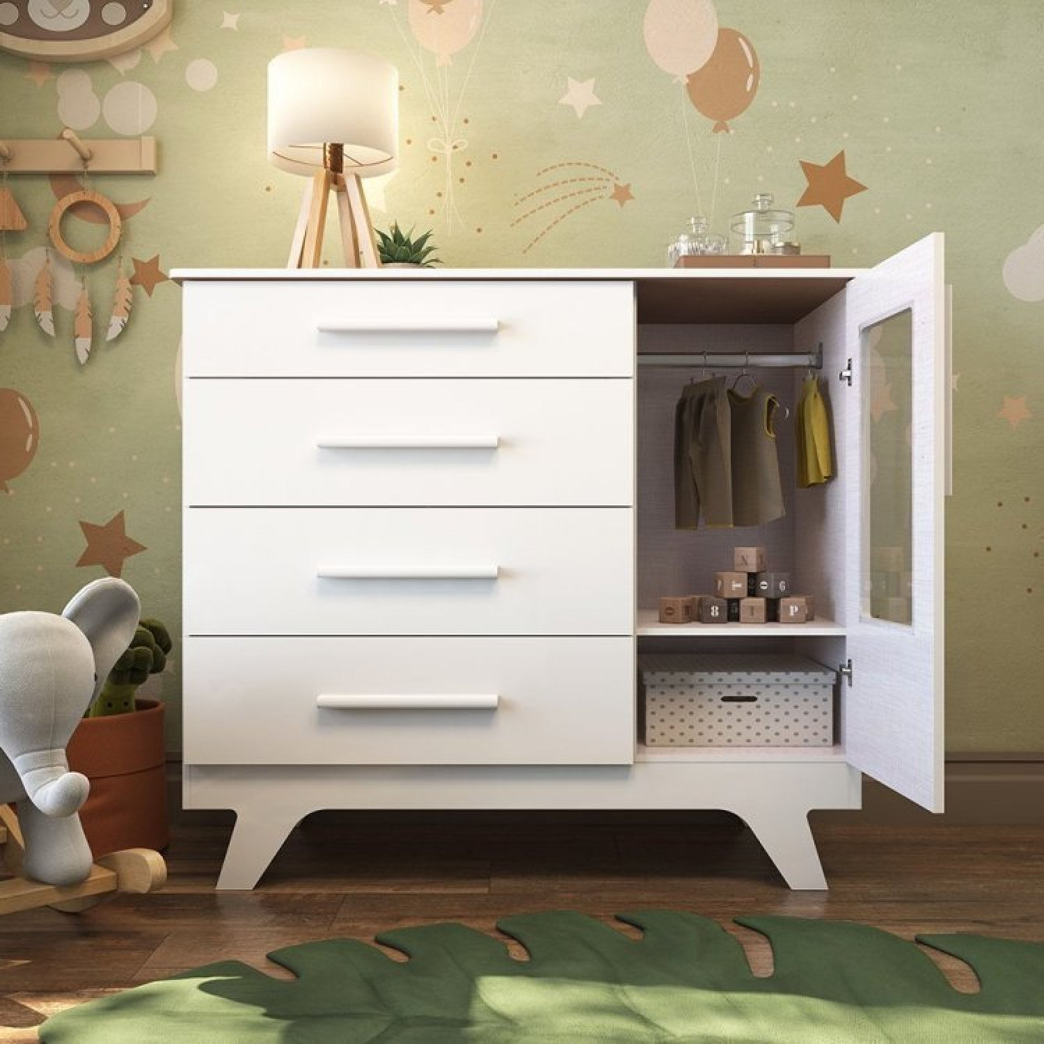 Encontraproduto.com.br - Conjunto Para Quarto De Bebê Cômoda 1 Porta Com Janela E Berço Com Capitone Retrô Jolie Branco Brilho