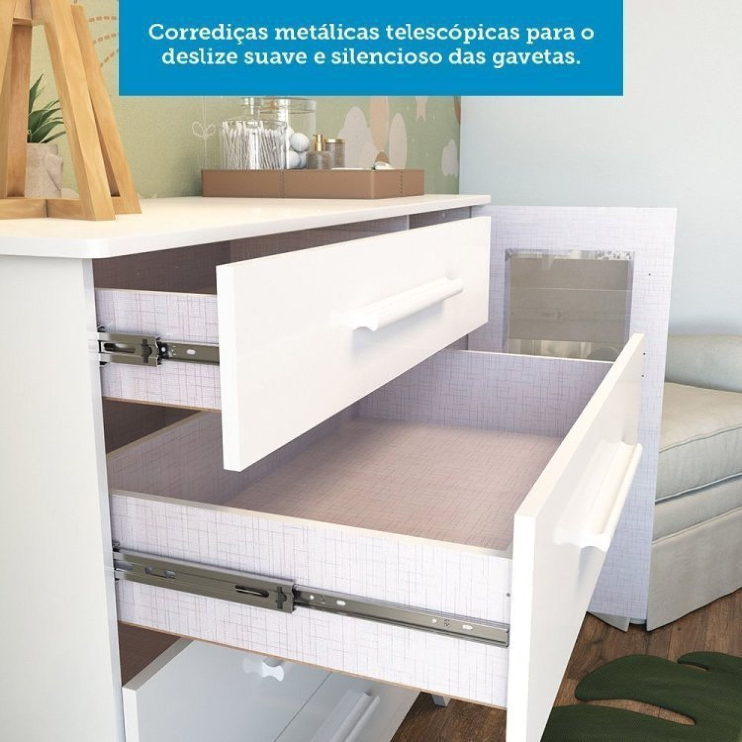 Encontraproduto.com.br - Conjunto Para Quarto De Bebê Cômoda 1 Porta Com Janela E Berço Com Capitone Retrô Jolie Branco Brilho
