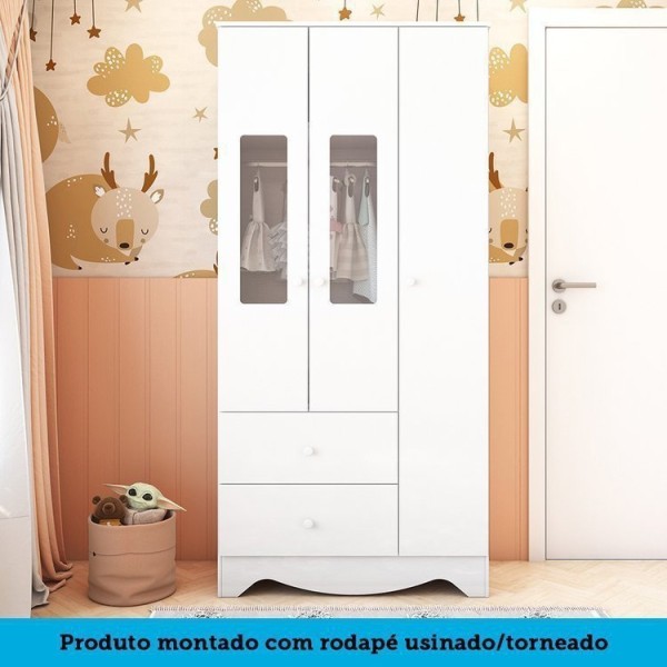 Encontraproduto.com.br - Quarto De Bebê Guarda Roupa Cômoda Com Janelas Retângulo E Berço Americano 100% Mdf Ayla Branco Brilho