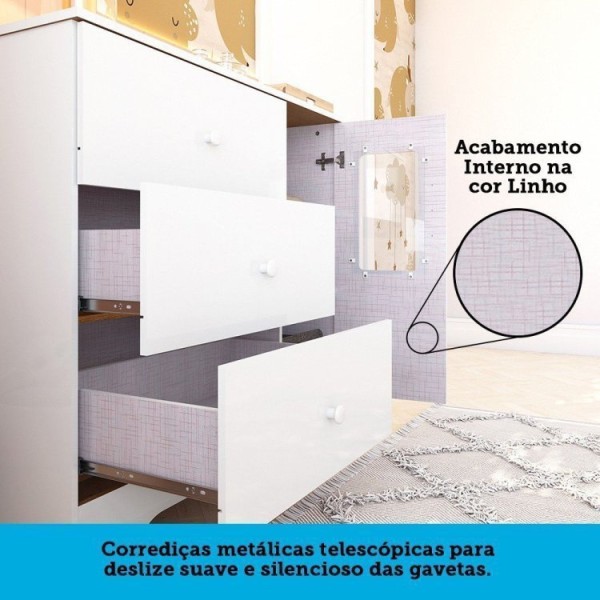 Encontraproduto.com.br - Quarto De Bebê Guarda Roupa Cômoda Com Janelas Retângulo E Berço Americano 100% Mdf Ayla Branco Brilho