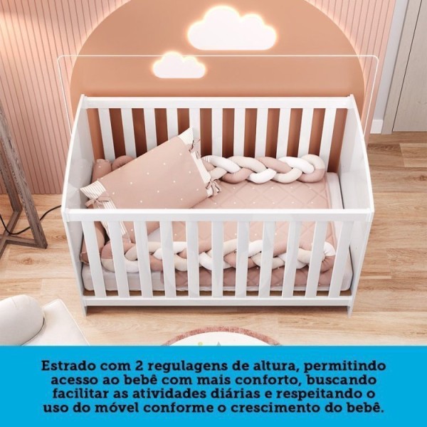 Encontraproduto.com.br - Quarto De Bebê Guarda Roupa Cômoda Com Janelas Retângulo E Berço Americano 100% Mdf Ayla Branco Brilho