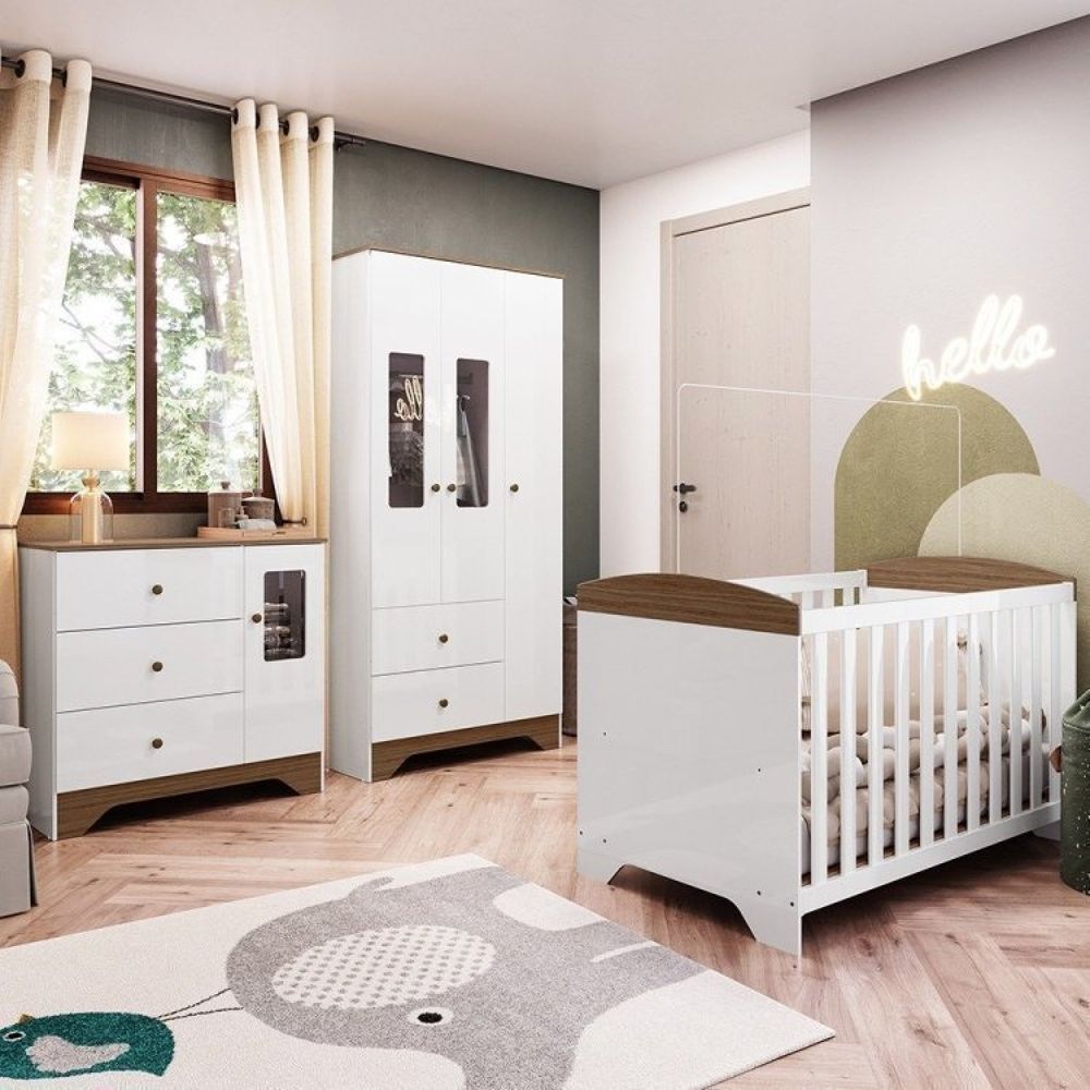 Quarto De Bebê Guarda Roupa Cômoda Com Janelas Retangulo E Berço Americano 100% Mdf Ayla Branco Brilho/Carvalho