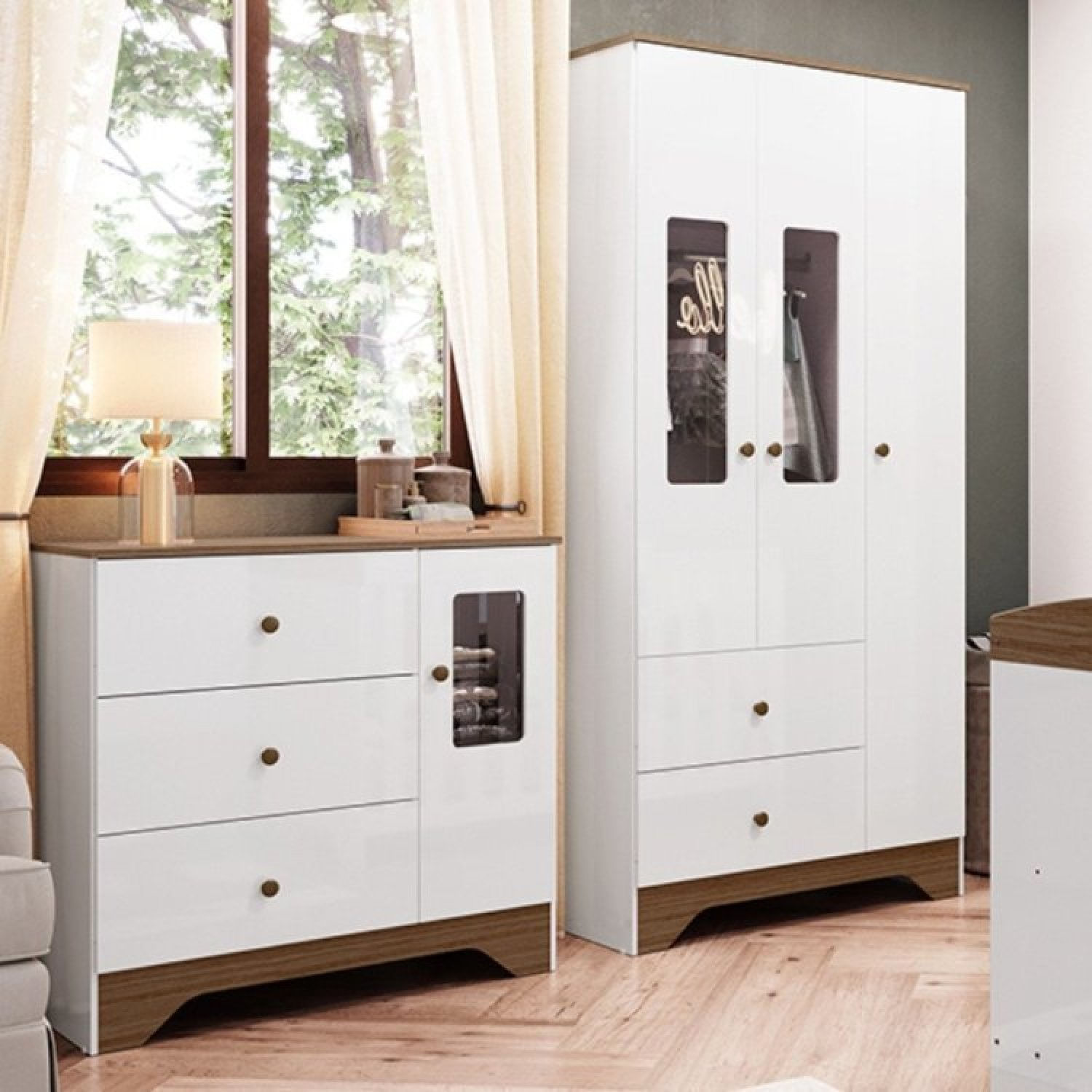 Encontraproduto.com.br - Quarto Infantil Com Guarda Roupa E Cômoda Com Janelas Retângulo 100% Mdf Cocada Branco Brilho/Carvalho