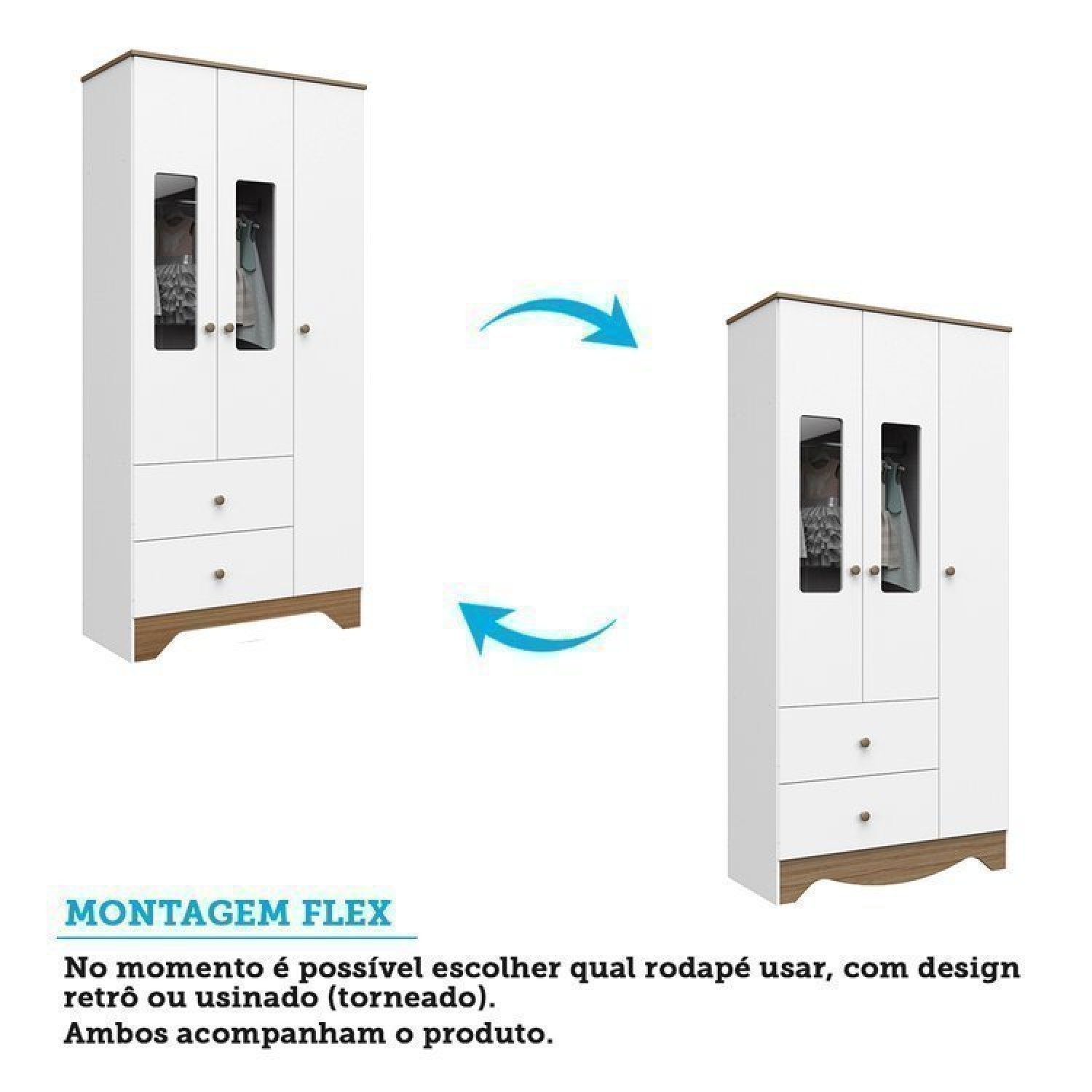 Encontraproduto.com.br - Quarto Infantil Com Guarda Roupa E Cômoda Com Janelas Retângulo 100% Mdf Cocada Branco Brilho/Carvalho