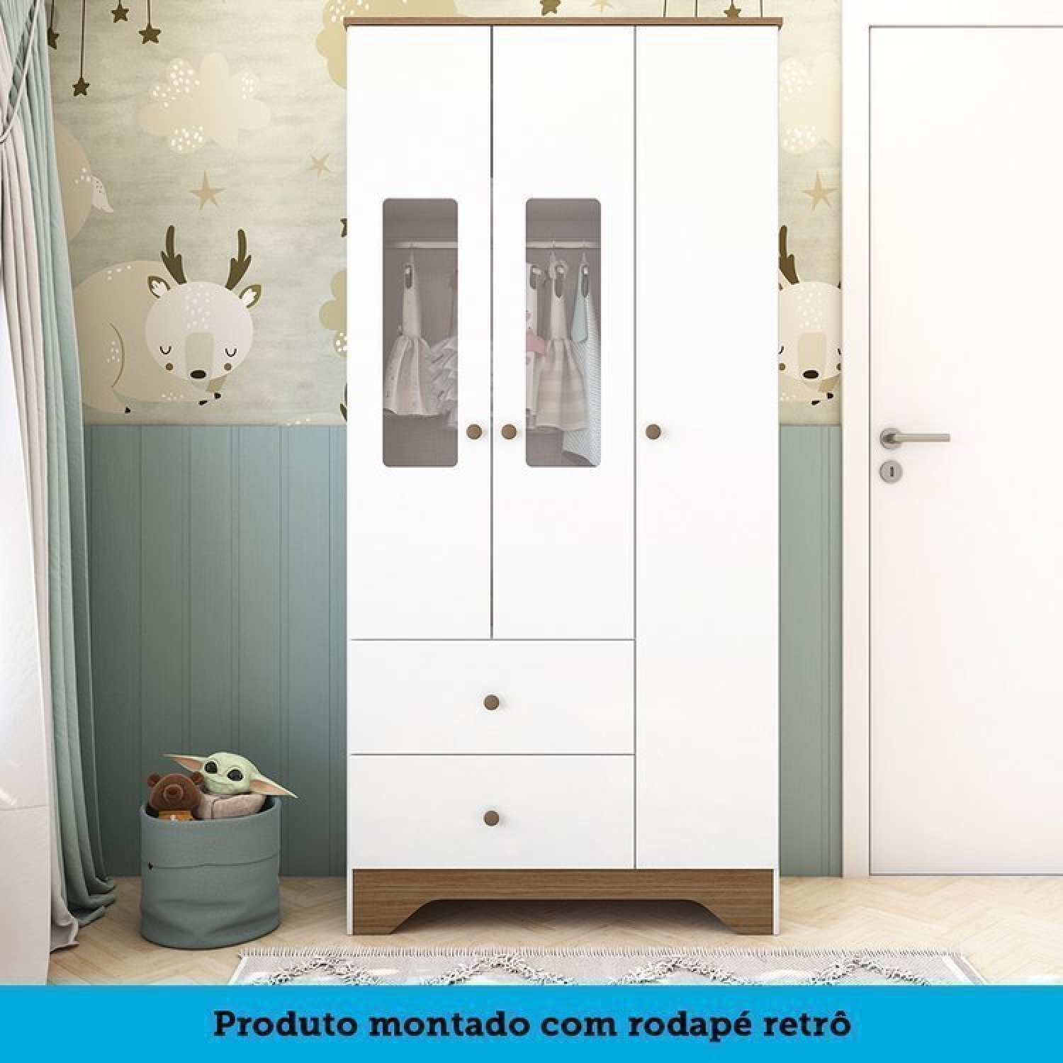 Encontraproduto.com.br - Quarto Infantil Com Guarda Roupa E Cômoda Com Janelas Retângulo 100% Mdf Cocada Branco Brilho/Carvalho