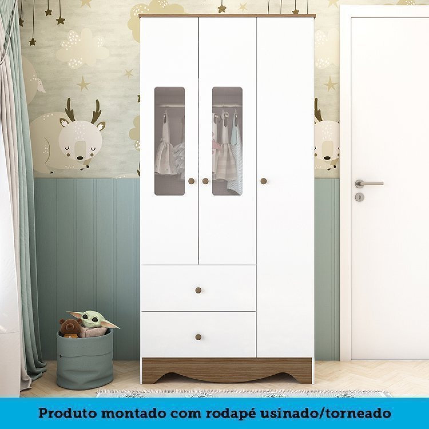 Encontraproduto.com.br - Quarto Infantil Com Guarda Roupa E Cômoda Com Janelas Retângulo 100% Mdf Cocada Branco Brilho/Carvalho