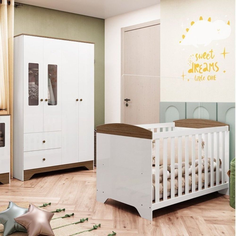 Quarto De Bebê Berço Americano E Guarda Roupa Com Janelas Retangulo 100% Mdf Ayla Branco Brilho/Carvalho