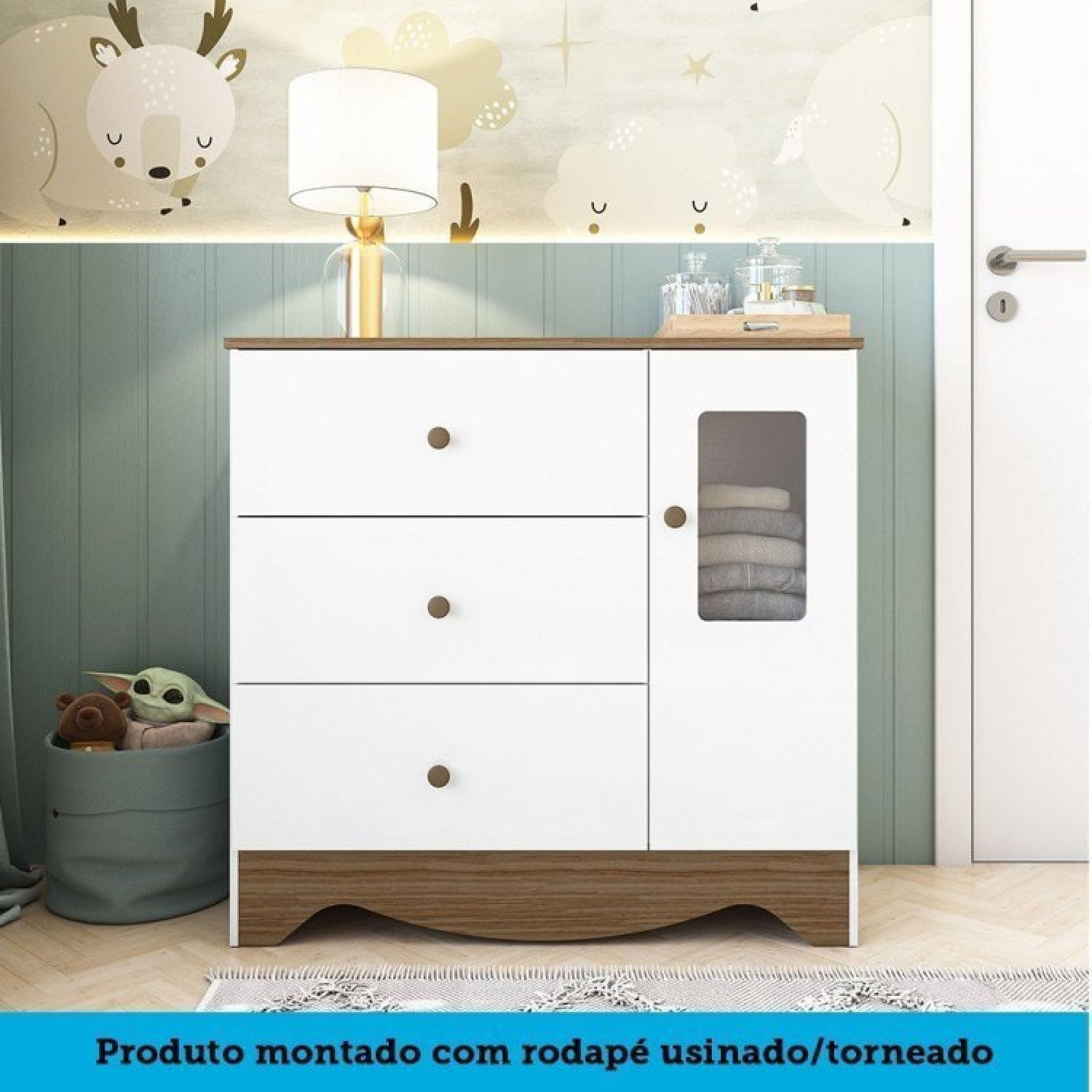Encontraproduto.com.br - Quarto De Bebê Cômoda Com Janela Retangulo E Berço Americano 100% Mdf Ayla Branco Brilho/Carvalho