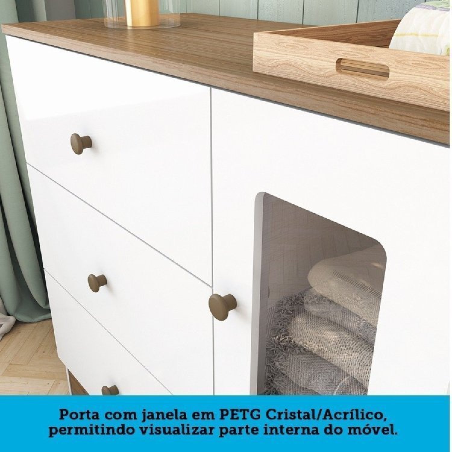 Encontraproduto.com.br - Quarto De Bebê Cômoda Com Janela Retangulo E Berço Americano 100% Mdf Ayla Branco Brilho/Carvalho