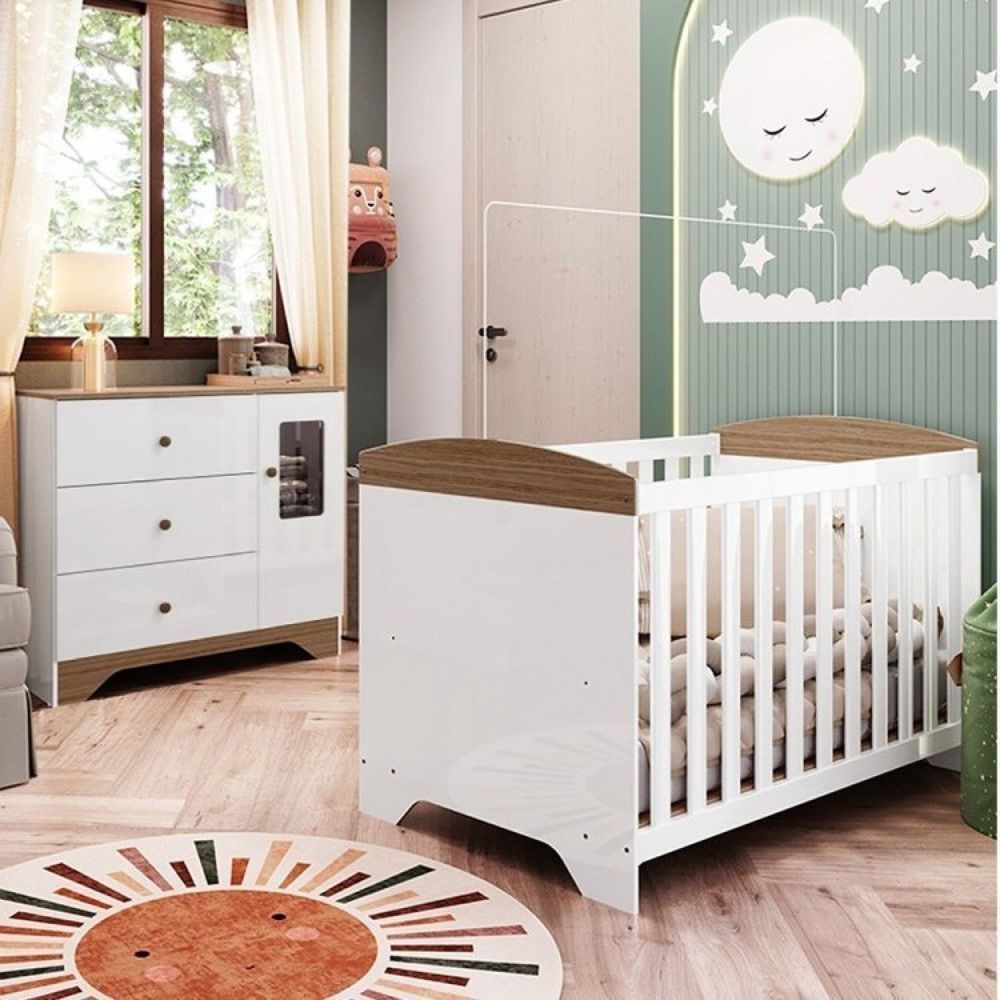 Quarto De Bebê Cômoda Com Janela Retangulo E Berço Americano 100% Mdf Ayla Branco Brilho/Carvalho