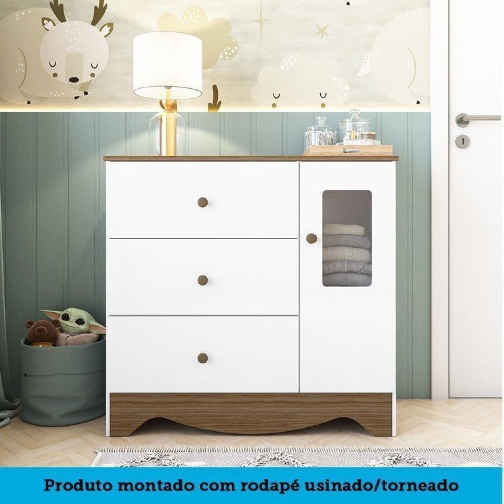 Encontraproduto.com.br - Quarto De Bebê Cômoda Com Janela Retangulo E Berço Americano 100% Mdf Ayla Branco Brilho/Carvalho