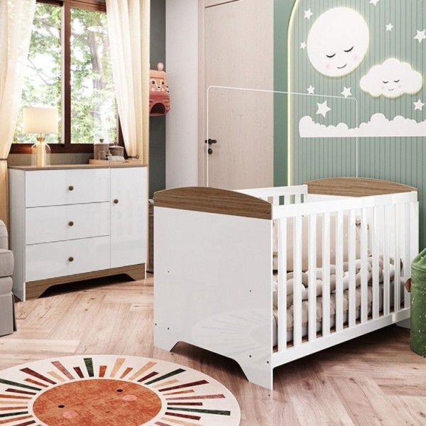 Quarto de Bebê com Cômoda e Berço Americano 100% MDF Ayla Branco Brilho/Carvalho