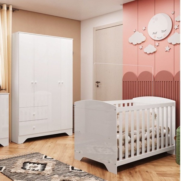 Quarto de Bebê com Berço Americano e Guarda Roupa 4 Portas 2 Gavetas 100% MDF Ayla Branco Brilho