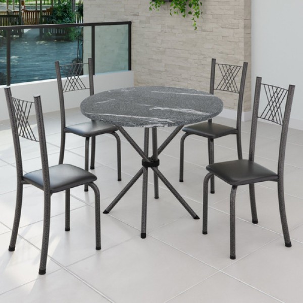 Encontraproduto.com.br - Conjunto De Jantar Mesa Tampo Redondo De Granito Topázio Com 4 Cadeiras Preto Liso/mart Prata