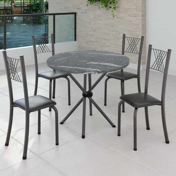 Encontraproduto.com.br - Conjunto De Jantar Mesa Tampo Redondo De Granito Topázio Com 4 Cadeiras Preto Liso/mart Prata