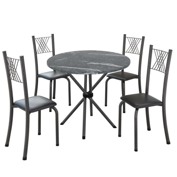 Encontraproduto.com.br - Conjunto De Jantar Mesa Tampo Redondo De Granito Topázio Com 4 Cadeiras Preto Liso/mart Prata